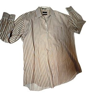 Claiborne men Striped Button-Up wrinkle free Shirt tan light blue work career XL